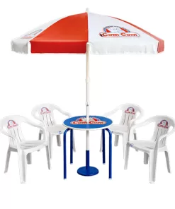 Juego de mesa y 4 sillas com-com con sombrilla y base